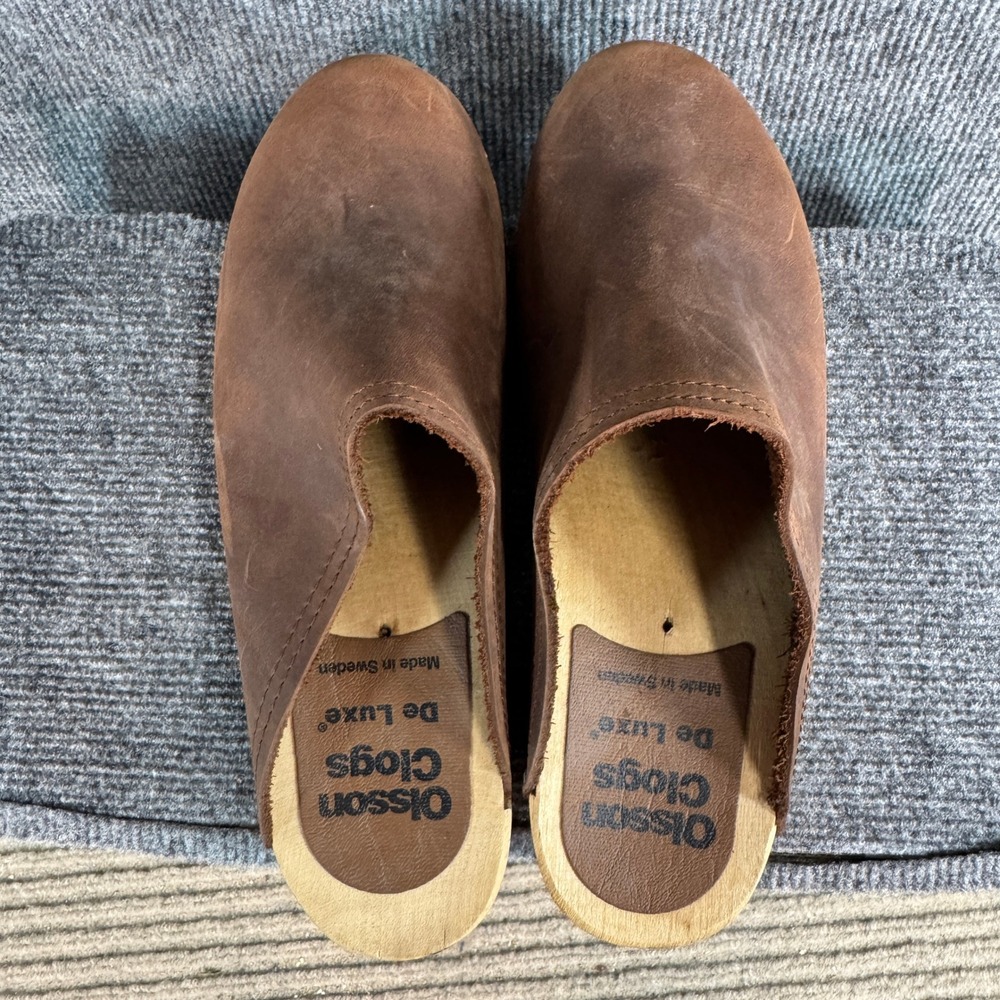 Olsson Clogs De Luxe Brown Leather Wooden Mules Made in Sweden Size 42 - Picture 6 of 16